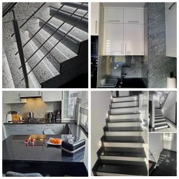 Emilia Tomaszewska - Kolaż prezentujący wnętrza: schody z podświetleniem LED i metalową balustradą, kuchnia z granitowym blatem i białe szafki. Nowoczesny design i dbałość o detale.