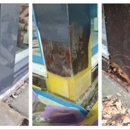 Daniel Makus - Trzy etapy naprawy zniszczonego drewnianego słupka: pomalowany na szaro słupek, słupek z uzupełnionym ubytkiem i zabezpieczony taśmą oraz słupek z widocznym zniszczeniem i odpadającym drewnem.