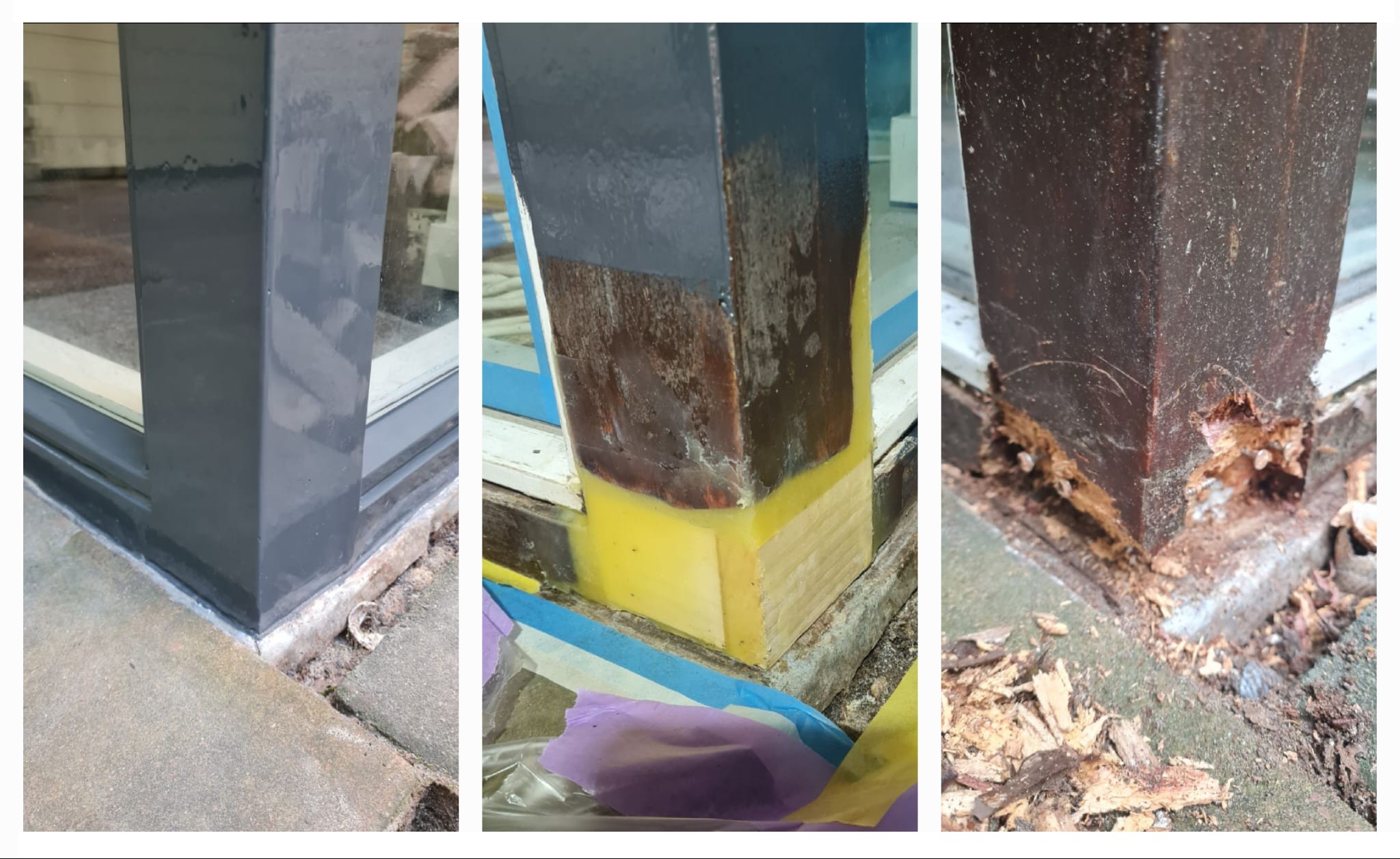 Trzy etapy naprawy zniszczonego drewnianego słupka: pomalowany na szaro słupek, słupek z uzupełnionym ubytkiem i zabezpieczony taśmą oraz słupek z widocznym zniszczeniem i odpadającym drewnem.