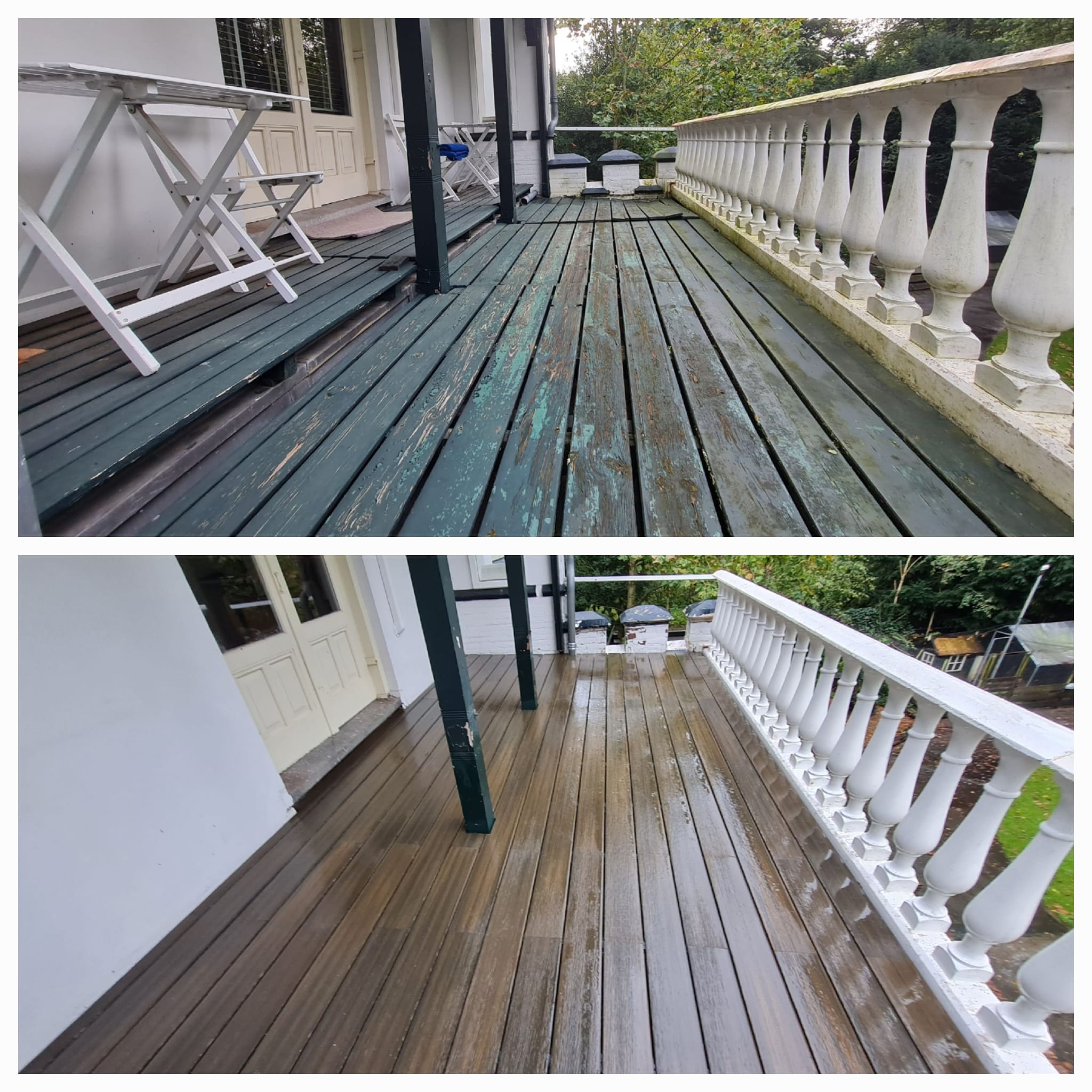Zdjęcie przedstawia balkon przed i po renowacji: zniszczone, zielone deski w górnej części i odnowione, brązowe deski w dolnej części. Widoczne białe balustrady i białe meble ogrodowe.