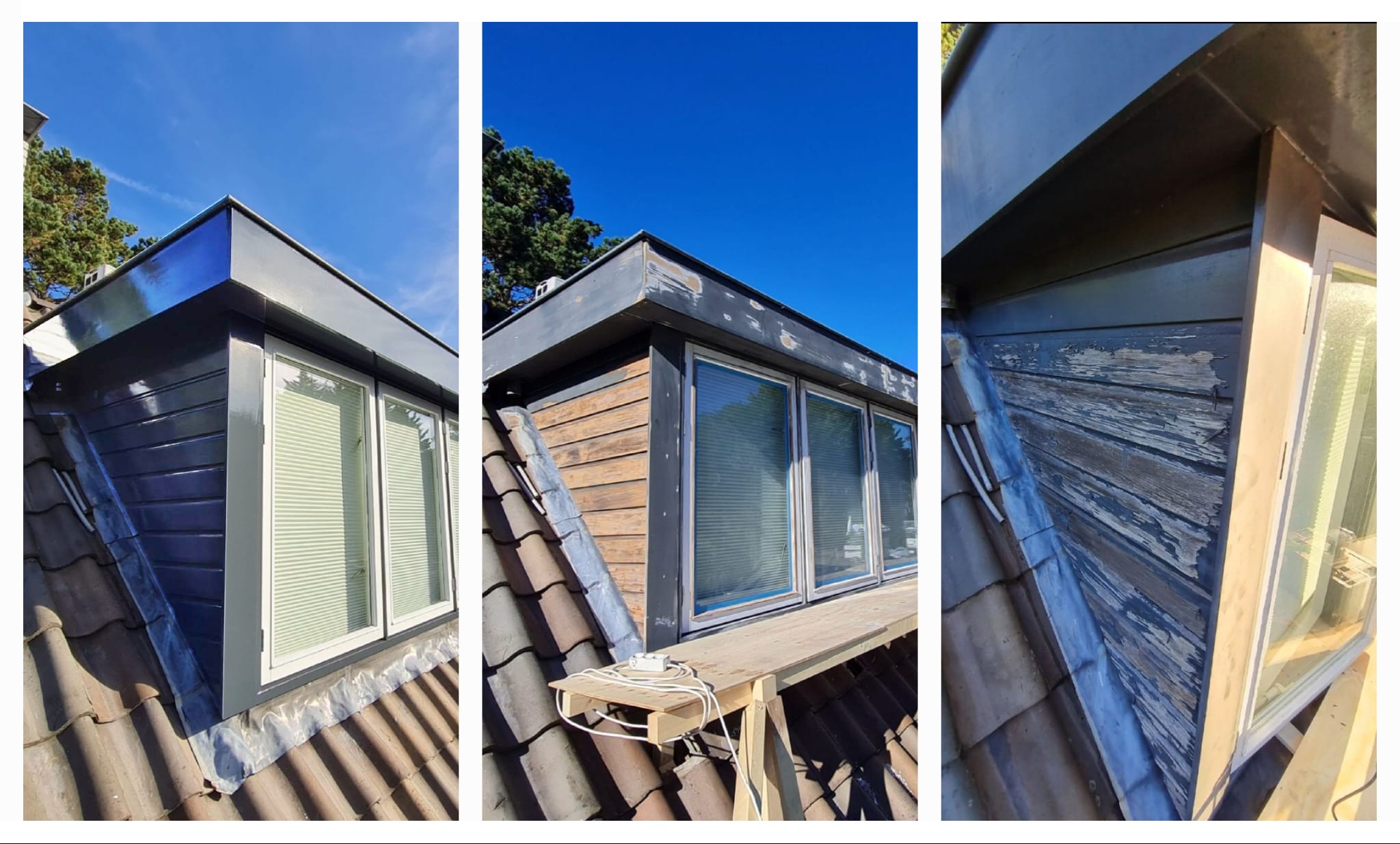 Trzy ujęcia remontu poddasza z oknami dachowymi: odnowione, w trakcie z rusztowaniem i z odpadającą farbą na drewnianej boazerii.