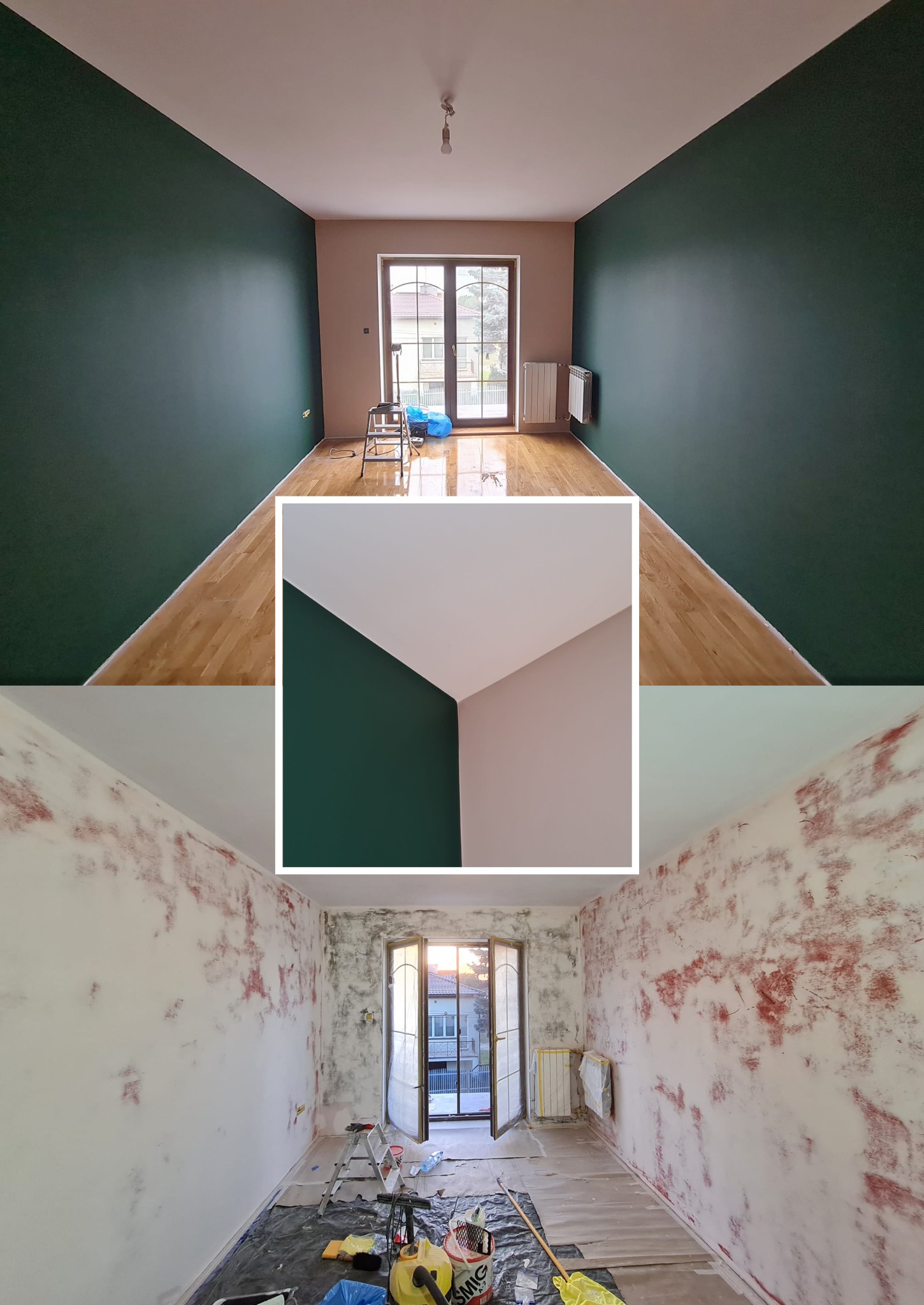 Wyrównanie ścian cienką warstwą gładzi oraz pomalowanie pomieszczenia.