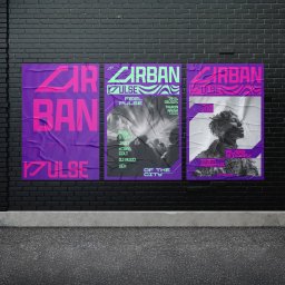Spectra Studio - Trzy plakaty z motywem festiwalu muzycznego 'Urban Pulse' przyklejone na czarnej, ceglanej ścianie. Plakaty w odcieniach fioletu, różu i zieleni. Promocja wydarzenia.