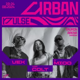 Spectra Studio - Plakat wydarzenia Cirban Pulse w Tauron Arenie (Kraków) 19-24.08.2024 z wizerunkami artystów: Vex, Kiara Colt i DJ Mioo na tle fioletowo-różowej grafiki.