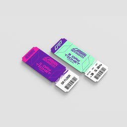 Spectra Studio - Dwa bilety na imprezę Urban Pulse: fioletowy bilet jednodniowy i zielony bilet trzydniowy, leżące na jasnoszarym tle. Widoczne kody kreskowe i szczegóły wydarzenia.