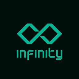 Spectra Studio - Geometryczny, turkusowy symbol nieskończoności nad napisem 'INFINITY' na ciemnym tle. Minimalistyczny design logo.