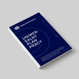 Spectra Studio - Błyszcząca, granatowa okładka broszury 'Uniwersalny Plan Pracy' od Consulting Polska, rok 2025, z minimalistycznym logo i opisem serii 'Digital Series'.