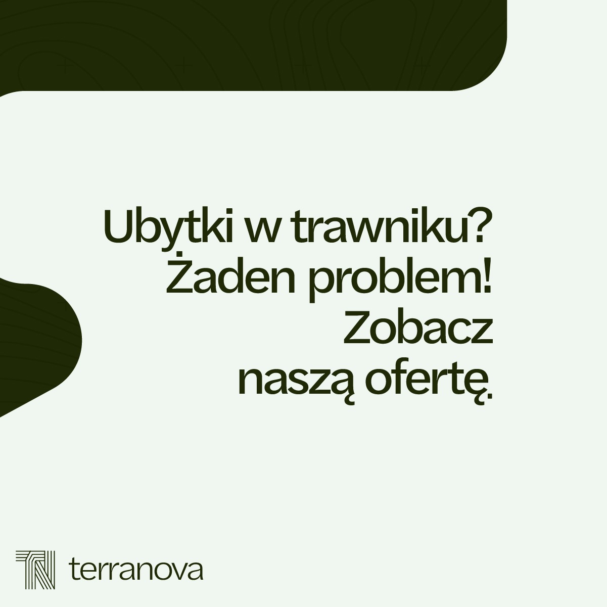 Grafika z tekstem 'Ubytki w trawniku? Żaden problem! Zobacz naszą ofertę.' i logo Terranova w odcieniach zieleni na jasnym tle.