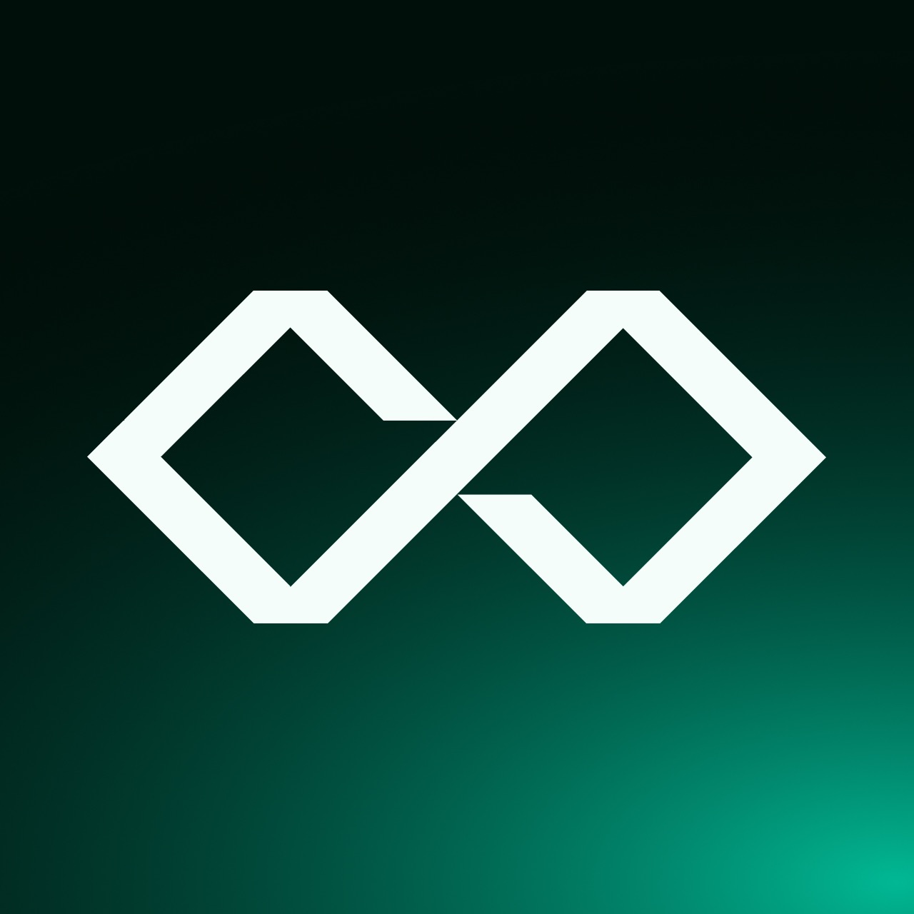 Nowoczesny, biały logotyp w kształcie nieskończoności, utworzony z połączonych rombów, na gradientowym, ciemnozielonym tle. Minimalistyczny design.