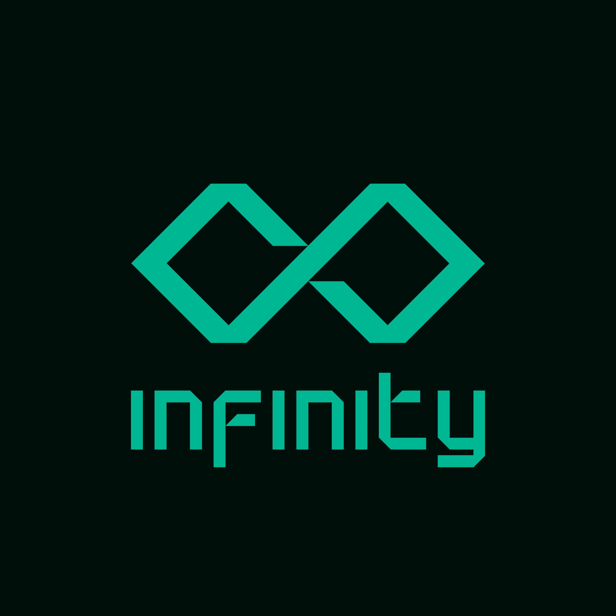 Geometryczny, turkusowy symbol nieskończoności nad napisem 'INFINITY' na ciemnym tle. Minimalistyczny design logo.