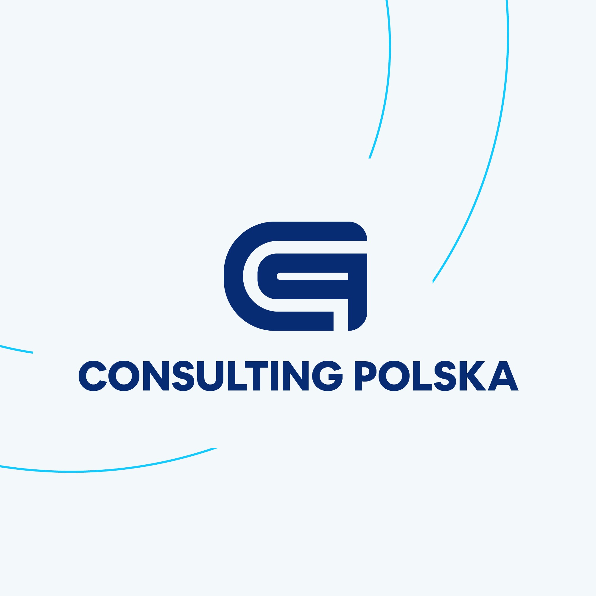 Eleganckie logo „Consulting Polska” w odcieniach granatu i błękitu na jasnym tle, z abstrakcyjnymi liniami podkreślającymi nowoczesny charakter.