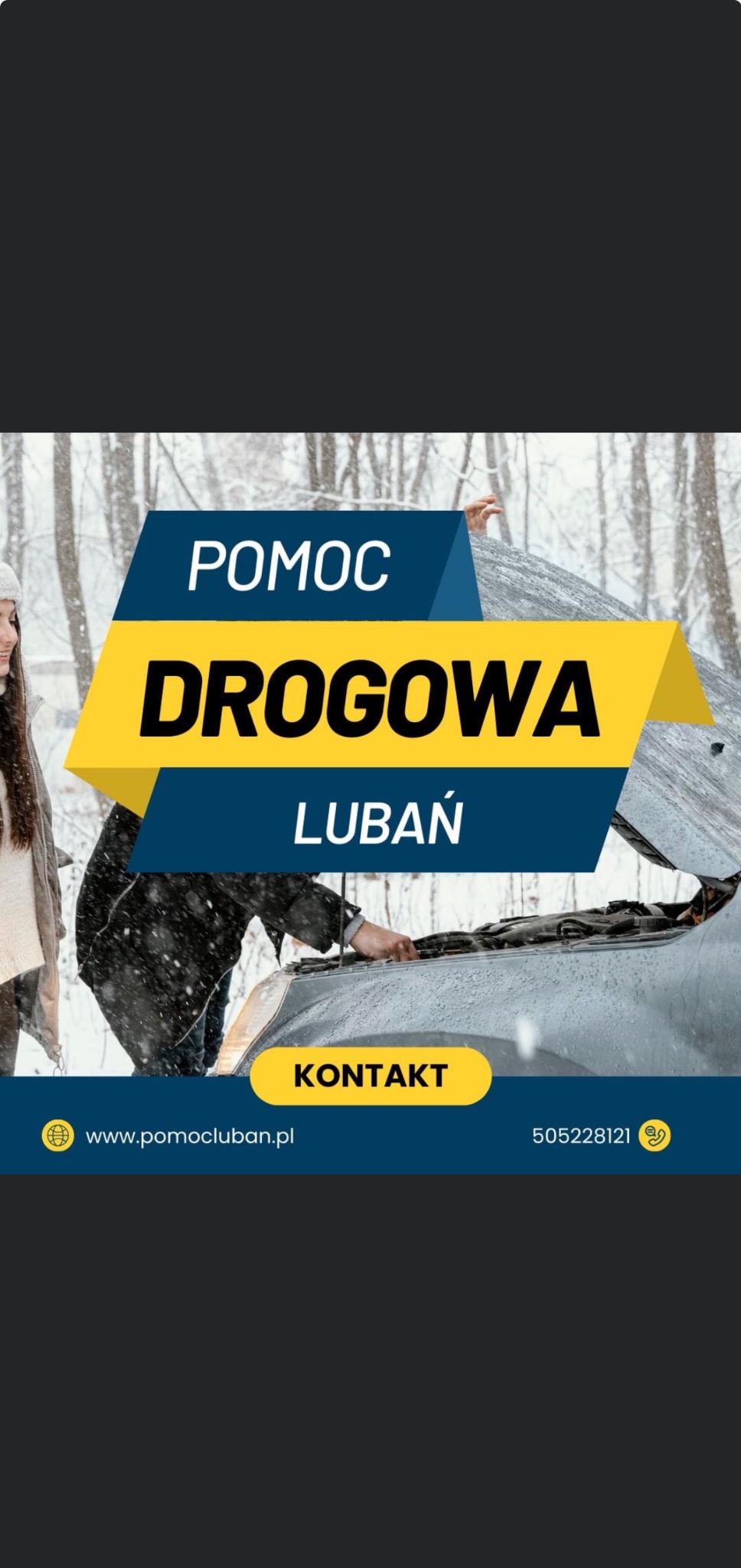 Grafika reklamowa pomocy drogowej w Lubaniu, z osobą przy otwartej masce samochodu na tle zimowego krajobrazu.