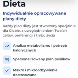 Indywidualnie opracowywane plany diety z analizą metabolizmu, spersonalizowanym planem posiłków i dostosowaniem makro i mikroodżywienia.
