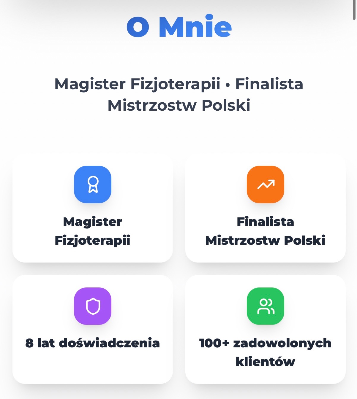 Grafika 'O Mnie' z informacjami: Magister Fizjoterapii, Finalista Mistrzostw Polski, 8 lat doświadczenia, 100+ zadowolonych klientów. Minimalistyczny design.