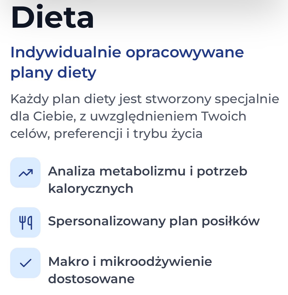 Indywidualnie opracowywane plany diety z analizą metabolizmu, spersonalizowanym planem posiłków i dostosowaniem makro i mikroodżywienia.