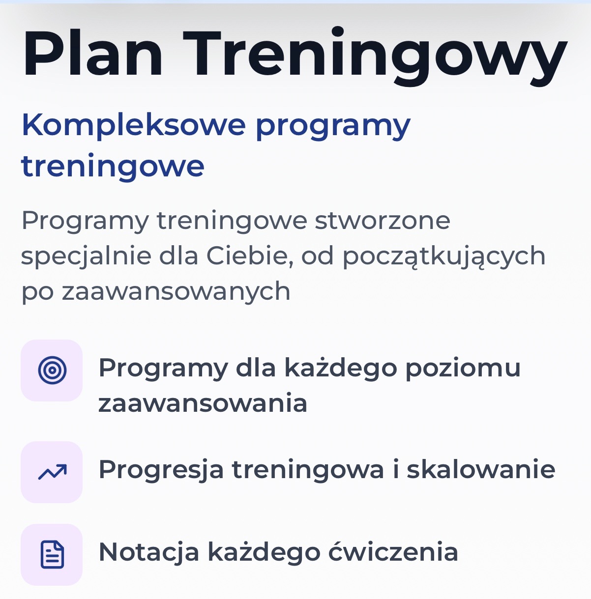 Grafika z tekstem 'Plan Treningowy', opisująca kompleksowe programy treningowe dla każdego poziomu zaawansowania, z progresją i notacją ćwiczeń.