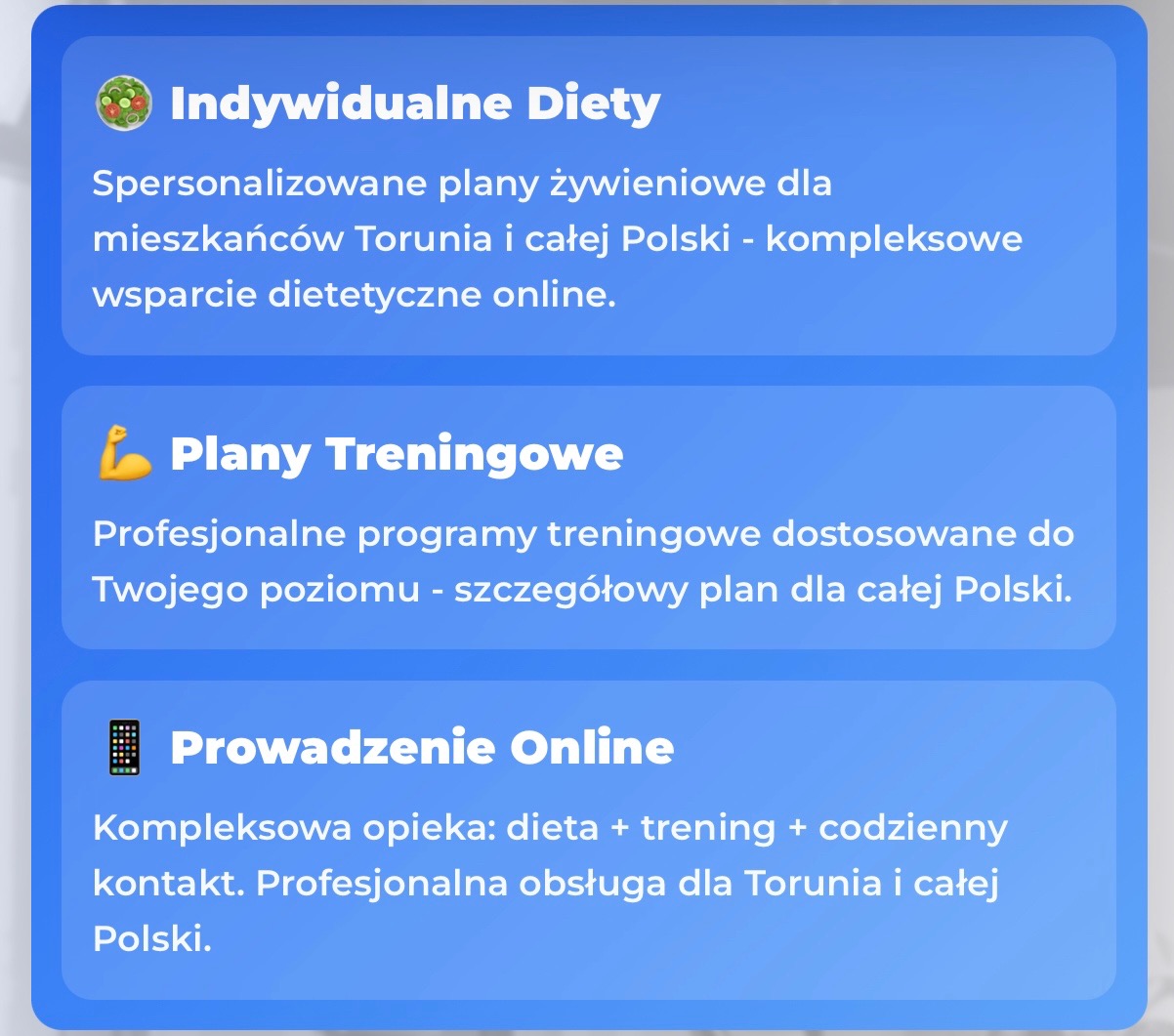 Grafika z ofertą: indywidualne diety, plany treningowe i prowadzenie online. Kompleksowa opieka dietetyczna i treningowa dla mieszkańców Torunia i całej Polski.