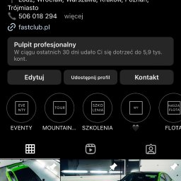 YOURMINUTE SPÓŁKA Z OGRANICZONĄ ODPOWIEDZIALNOŚCIĄ - Profil firmy Fast Club na Instagramie z logo, danymi kontaktowymi i zdjęciami zielonych samochodów.