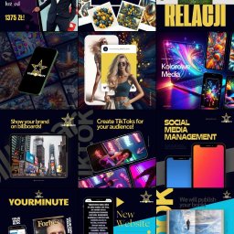 YOURMINUTE SPÓŁKA Z OGRANICZONĄ ODPOWIEDZIALNOŚCIĄ - Mozaika z miniatur postów z Instagrama firmy Yourminute_media_hub, prezentujących usługi social media, tworzenie TikToków, reklamę na billboardach, nowe strony internetowe i publikacje książek.