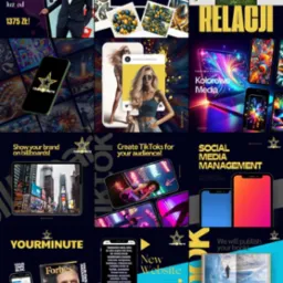 Mozaika z miniatur postów z Instagrama firmy Yourminute_media_hub, prezentujących usługi social media, tworzenie TikToków, reklamę na billboardach, nowe strony internetowe i publikacje książek.