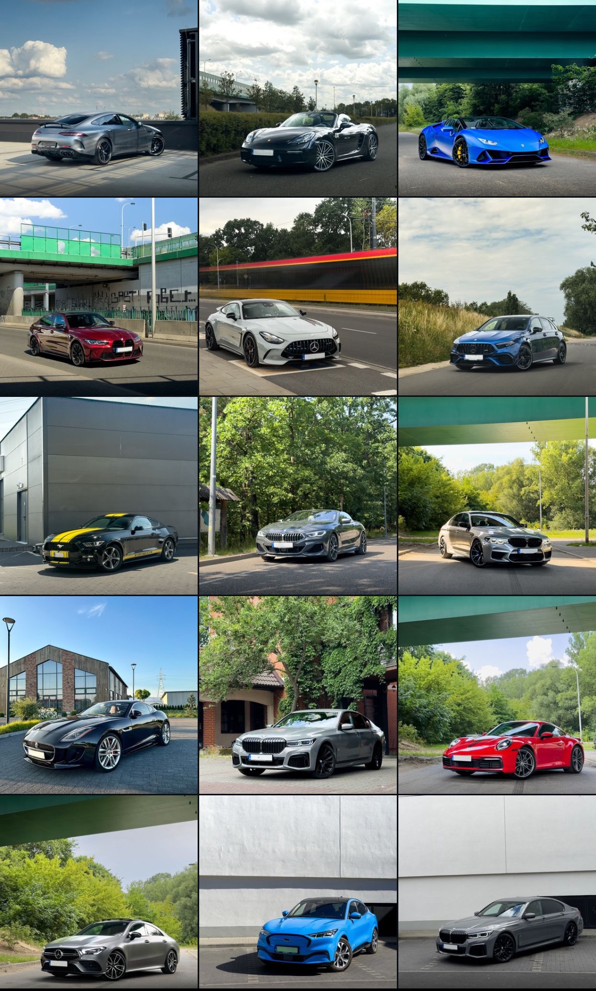 Zestawienie różnych samochodów sportowych i luksusowych różnych marek, zaparkowanych w różnych lokalizacjach, prezentujących różnorodność modeli i kolorów.