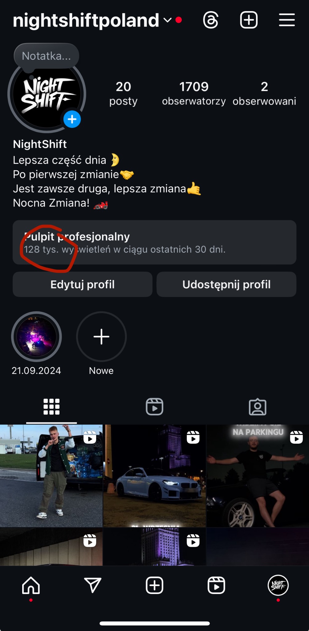 Zrzut ekranu profilu NightShift na platformie społecznościowej, prezentujący logo, statystyki (20 postów, 1709 obserwatorów, 2 obserwowanych) oraz opis profilu 'Lepsza część dnia', a także...