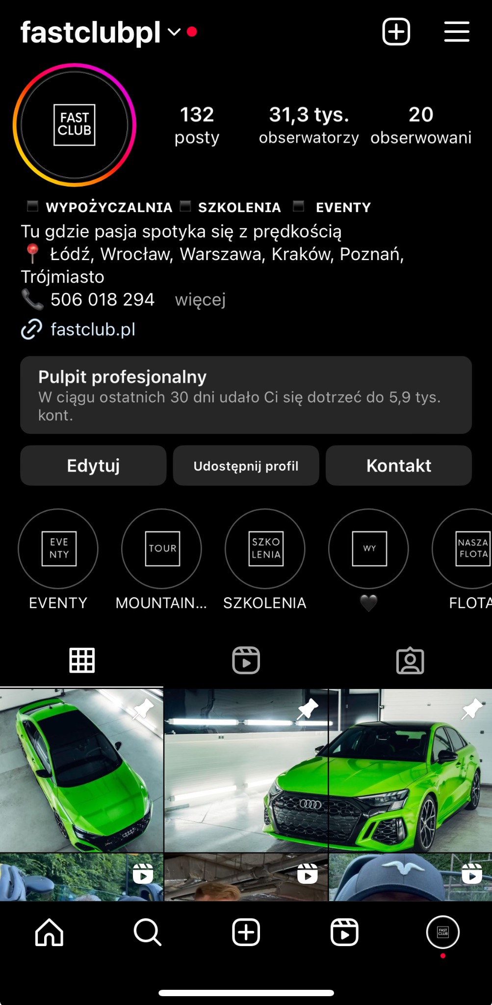 Profil firmy Fast Club na Instagramie z logo, danymi kontaktowymi i zdjęciami zielonych samochodów.