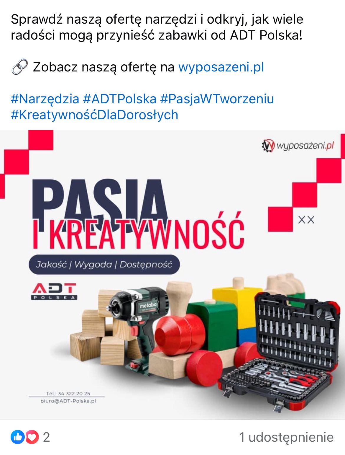 Grafika reklamowa ADT Polska z hasłem 'Pasja i Kreatywność', prezentująca wkrętarkę Metabo i zestaw narzędzi w czarnej walizce, ułożone obok drewnianych klocków imitujących pociąg.
