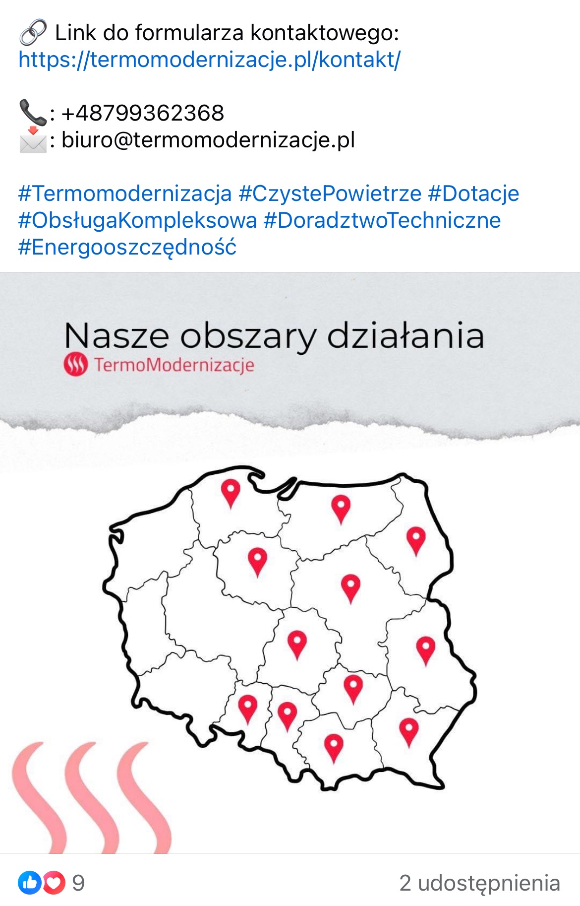 Mapa Polski z zaznaczonymi obszarami działania firmy TermoModernizacje w Warszawie, wraz z danymi kontaktowymi i hashtagami związanymi z termomodernizacją i dotacjami.