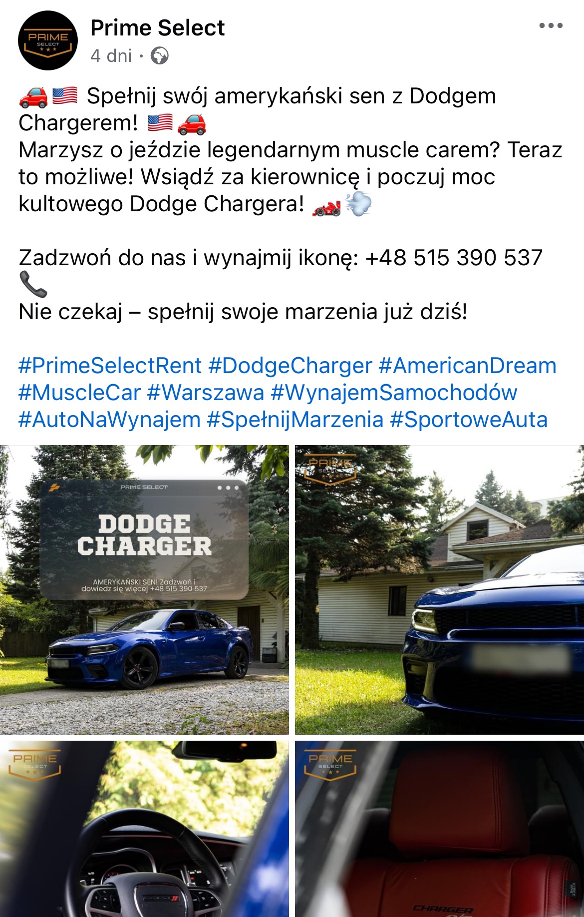 Niebieski Dodge Charger zaparkowany na podjeździe przed domem, promowany przez Prime Select z nakładką graficzną z logo i hasłem 'Amerykański sen! Zadzwoń i dowiedz się więcej'.