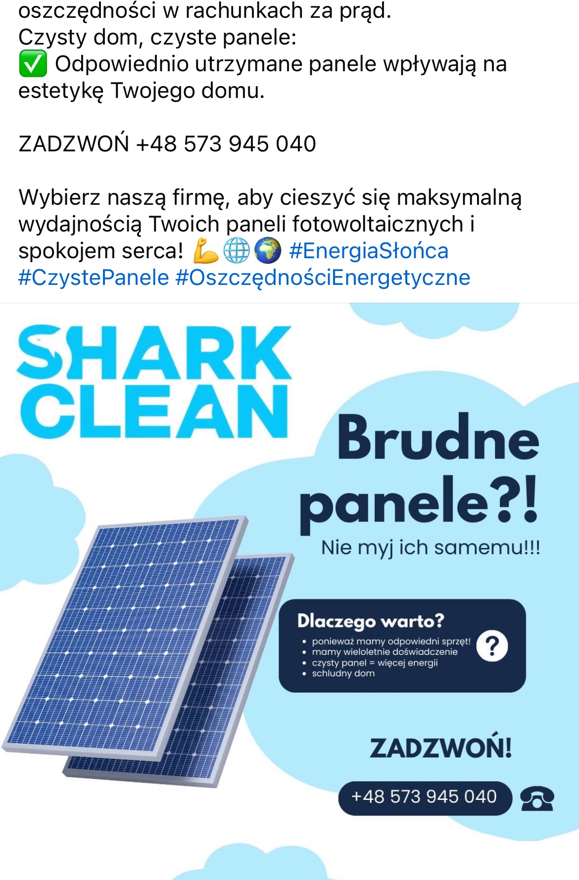 Grafika reklamowa firmy Shark Clean, zachęcająca do czyszczenia paneli fotowoltaicznych. Na pierwszym planie dwa panele słoneczne, w tle hasła reklamowe i numer telefonu.
