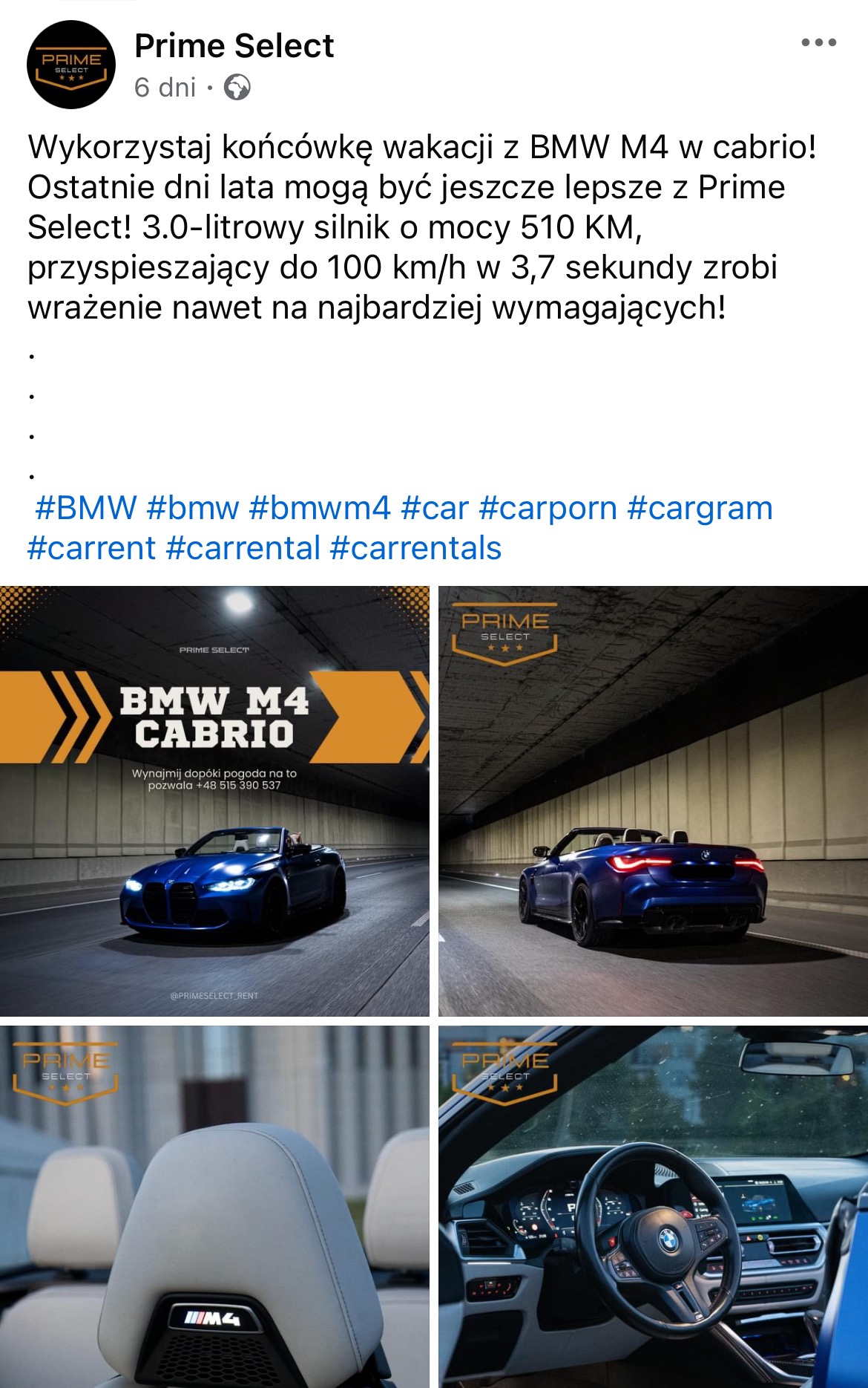 Niebieski BMW M4 Cabrio w tunelu, widok z przodu i z tyłu, wnętrze z jasną tapicerką, kierownica i deska rozdzielcza.