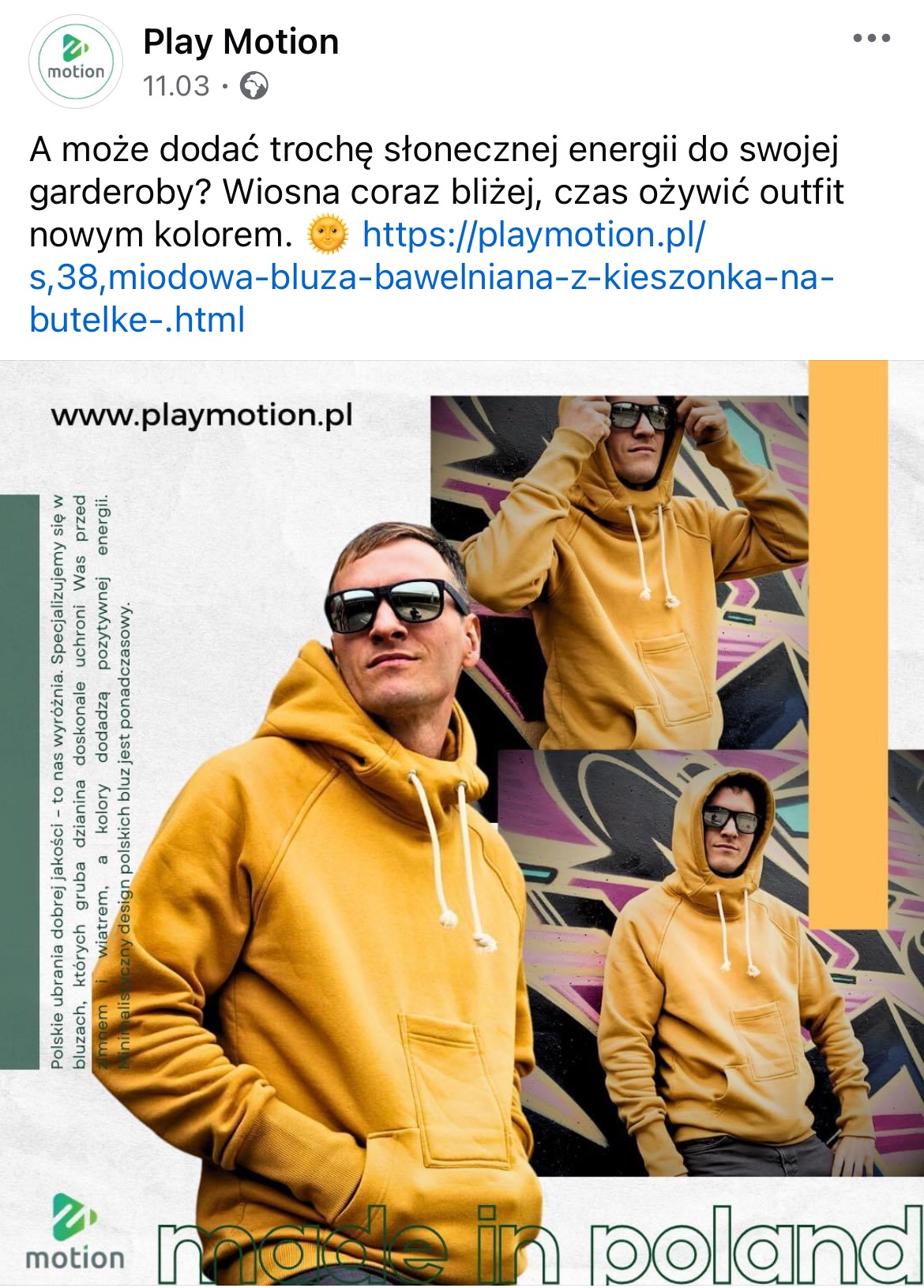 Mężczyzna w miodowej bluzie z kapturem i okularach przeciwsłonecznych, prezentowany w kolażu z graffiti w tle, promujący polską markę odzieżową Play Motion.