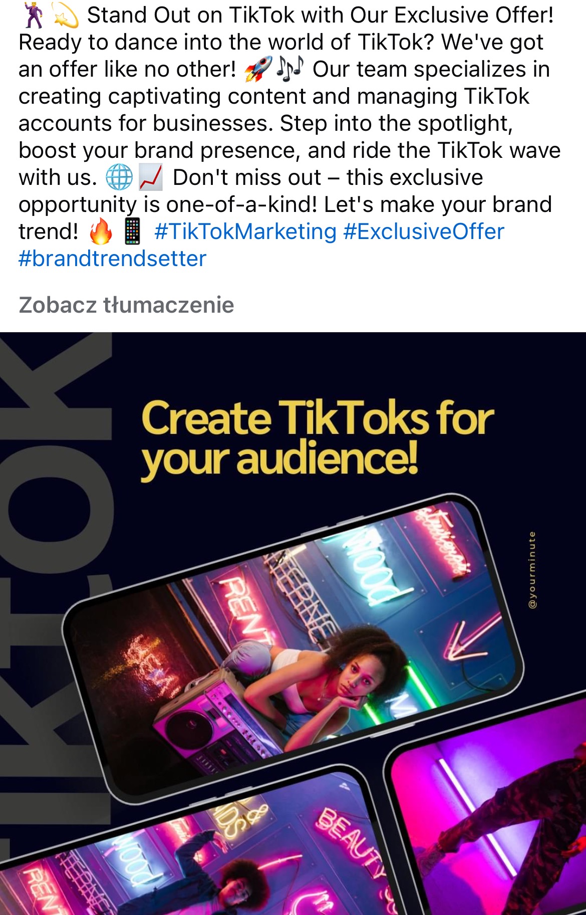 Neonowe reklamy TikTok na ekranach smartfonów, prezentujące osoby tworzące treści wideo z wykorzystaniem rekwizytów i neonowych znaków.