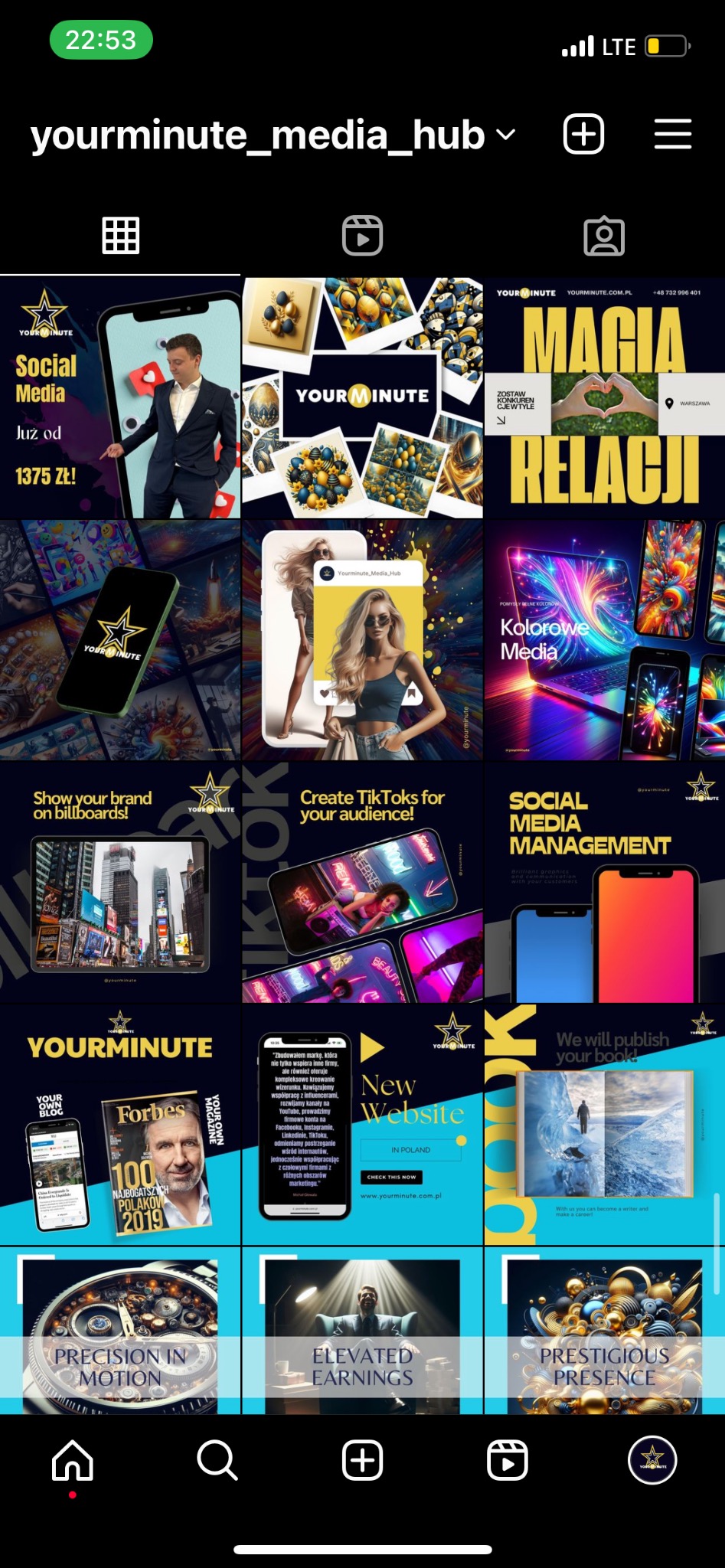 Mozaika z miniatur postów z Instagrama firmy Yourminute_media_hub, prezentujących usługi social media, tworzenie TikToków, reklamę na billboardach, nowe strony internetowe i publikacje książek.