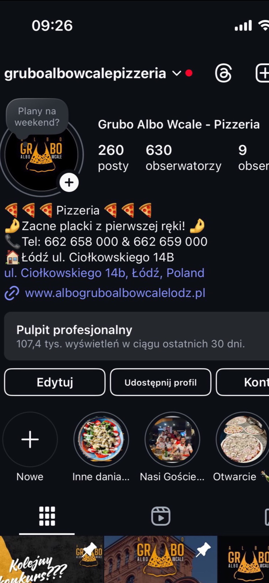 Ekran profilu pizzerii Grubo Albo Wcale na Instagramie. Widoczne logo, dane kontaktowe, liczba postów i obserwujących oraz miniaturki zdjęć dań i gości.