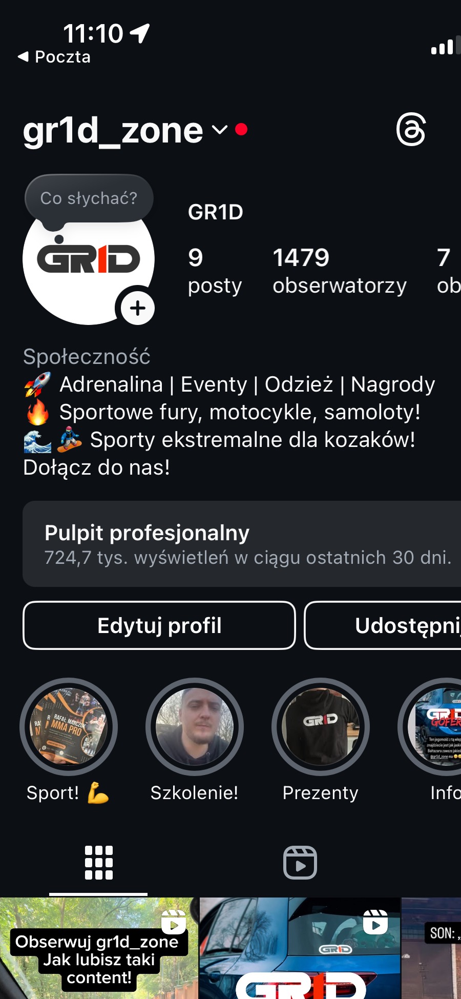 Profil użytkownika gr1d_zone na platformie społecznościowej. Widoczne logo, liczba postów i obserwatorów, opis działalności związanej ze sportami ekstremalnymi.