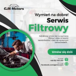 Grafika reklamowa warsztatu samochodowego: mechanik w rękawicach roboczych pochyla się nad silnikiem samochodu podczas pracy, w tle widoczne wyposażenie warsztatu, obok napis 'Serwis Filtrowy'...