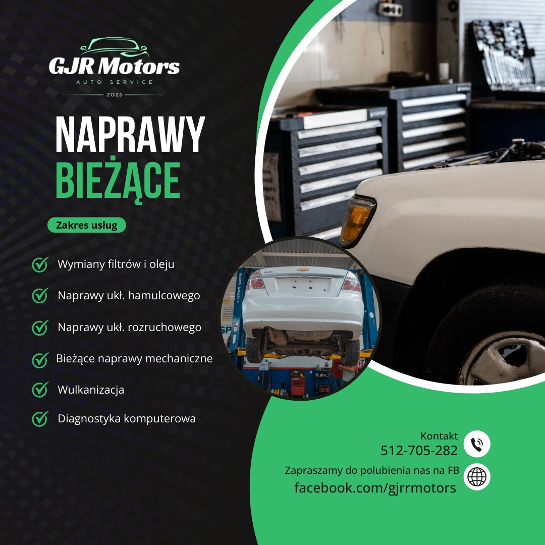 Reklama warsztatu samochodowego: biały samochód na podnośniku w tle, obok fragment nadwozia innego auta, z lewej strony lista usług i logo firmy GJR Motors.