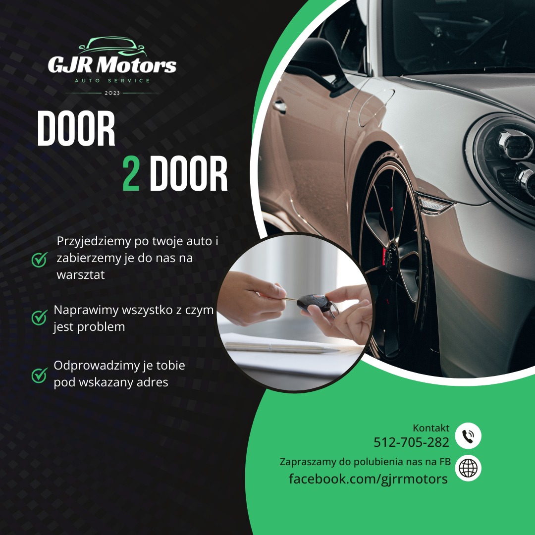 Grafika reklamowa warsztatu samochodowego GJR Motors z hasłem 'Door 2 Door', prezentująca luksusowy samochód w tle i przekazanie kluczyków w okręgu, obiecująca odbiór i dostarczenie auta...