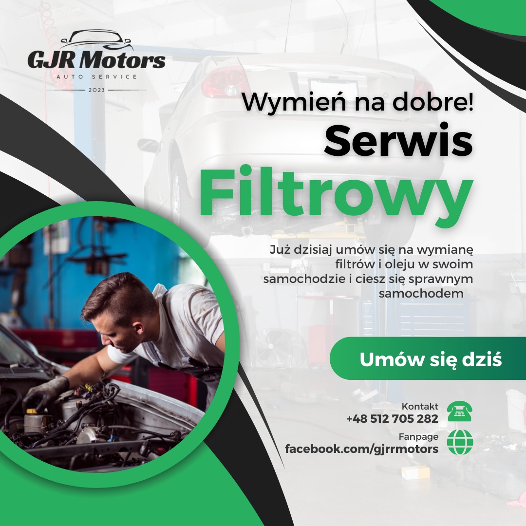 Grafika reklamowa warsztatu samochodowego: mechanik w rękawicach roboczych pochyla się nad silnikiem samochodu podczas pracy, w tle widoczne wyposażenie warsztatu, obok napis 'Serwis Filtrowy'...