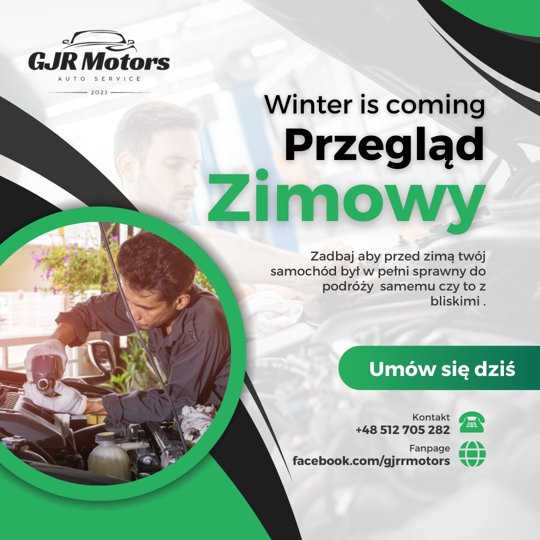 Mechanik w rękawicach dolewa olej do silnika samochodu podczas przeglądu zimowego w warsztacie GJR Motors, widoczny kontakt i logo firmy.