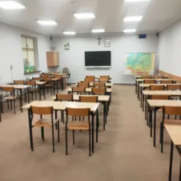 Jasna, przestronna sala lekcyjna z rzędami drewnianych ławek i krzeseł, tablicą interaktywną, mapą Polski na ścianie i oświetleniem sufitowym.