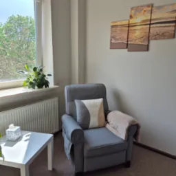 Jasne, minimalistyczne wnętrze gabinetu z szarym fotelem, beżowym pledem, dekoracyjną poduszką, stolikiem z chusteczkami, kwiatem w doniczce na parapecie i obrazem morza nad fotelem.