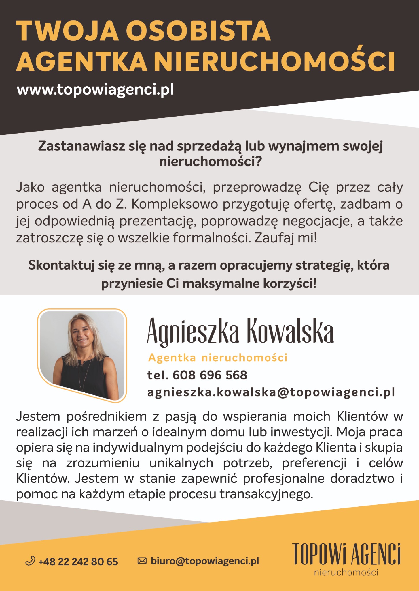 Ogłoszenie agencji nieruchomości Topowi Agenci z portretem agentki Agnieszki Kowalskiej, numerem telefonu i adresem email.