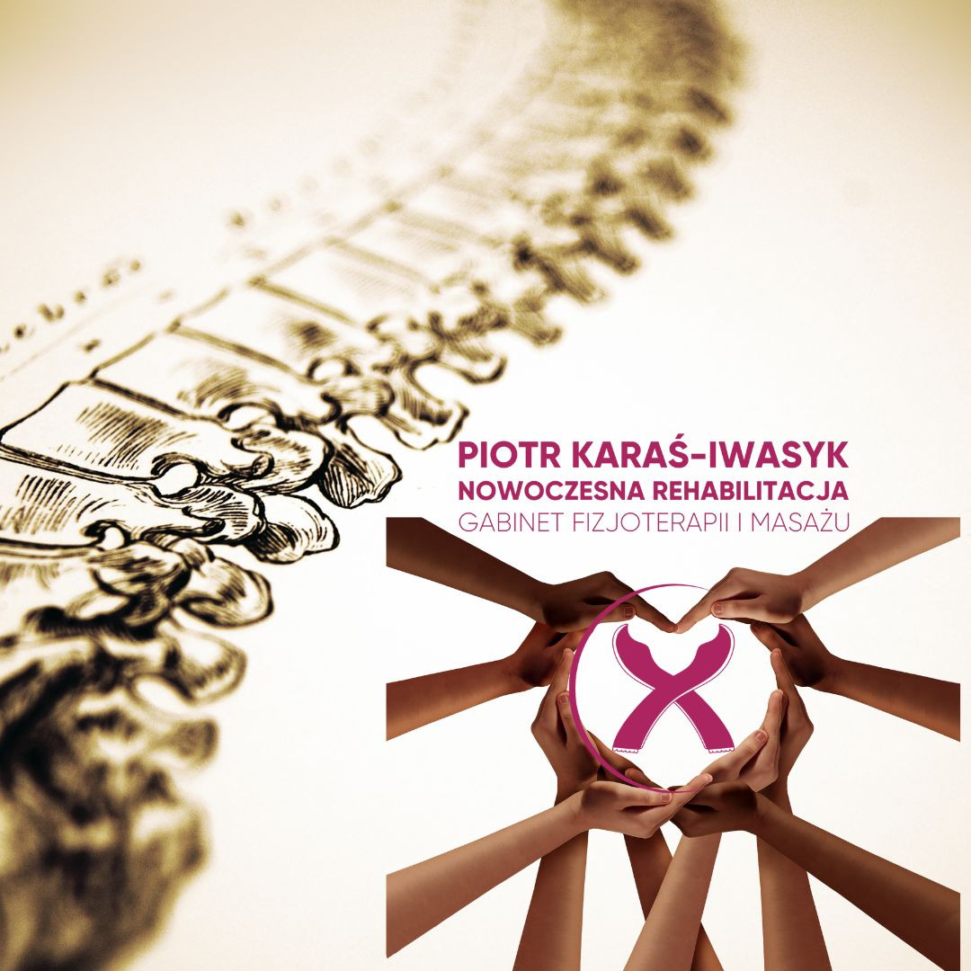 Szkic kręgosłupa, nazwa gabinetu rehabilitacji i masażu, oraz dłonie tworzące serce wokół symbolu rehabilitacji.