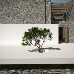 Wizualizacja domu z kamienia z płaskim dachem i drzewem rosnącym przez otw&oacute;r w tarasie.