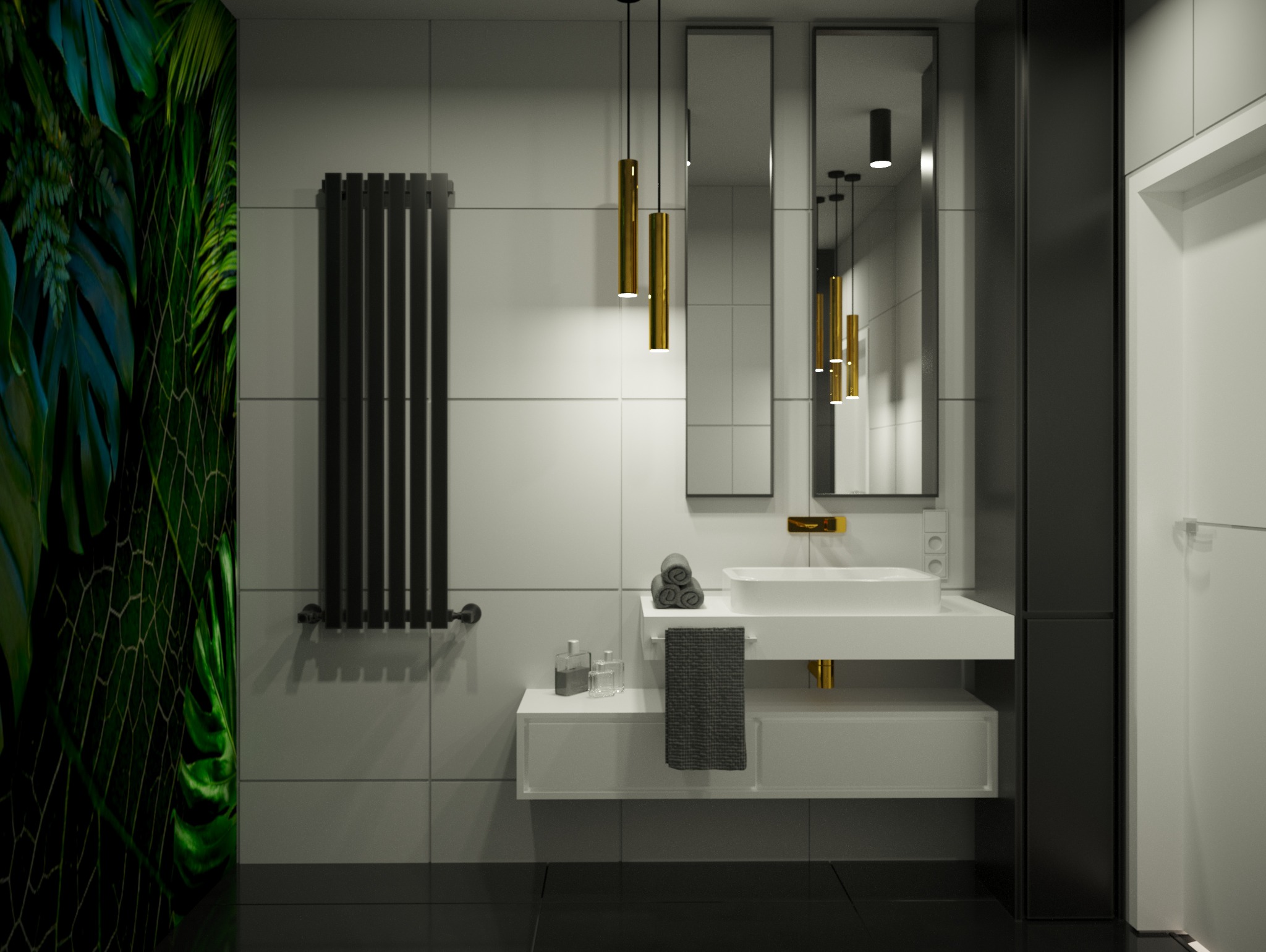 Nowoczesna łazienka z białymi płytkami, czarną podłogą i grzejnikiem drabinkowym, akcentem w postaci fototapety z motywem roślinnym oraz złotymi lampami wiszącymi nad białą umywalką z szafką.