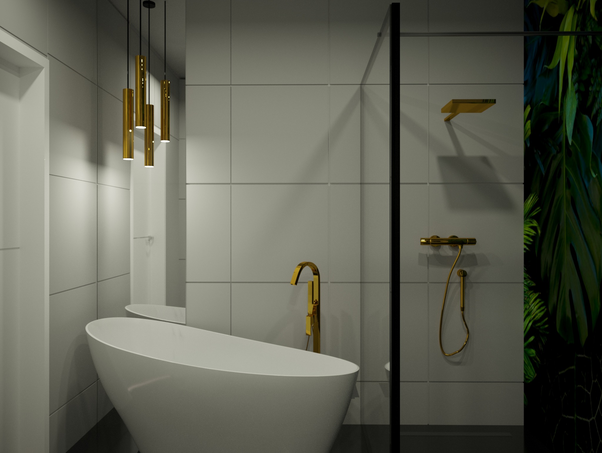 Nowoczesna łazienka z wolnostojącą wanną, złotą armaturą i deszczownicą za szklaną kabiną prysznicową, akcentem dekoracyjnym jest ściana z motywem tropikalnych liści.
