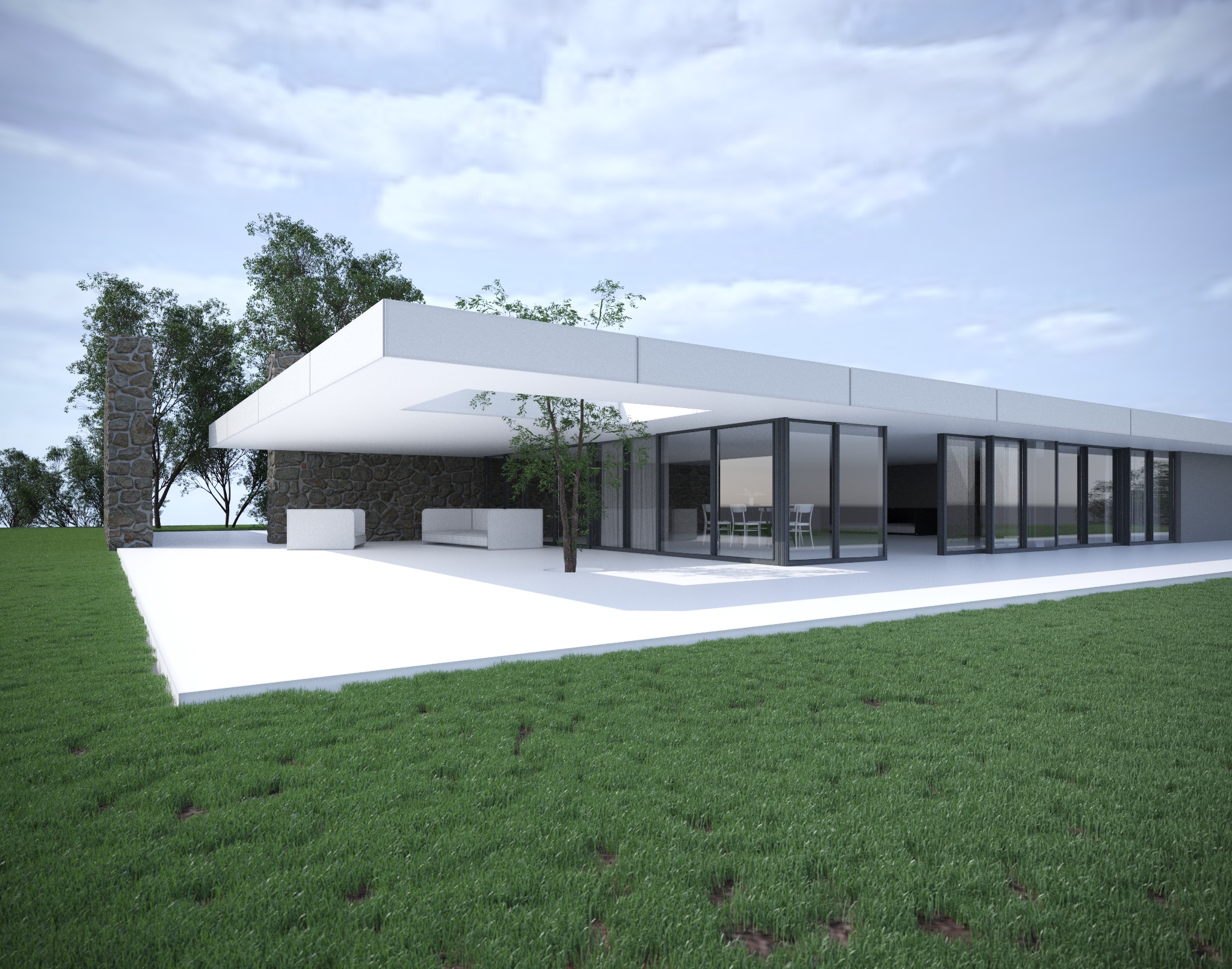 Wizualizacja nowoczesnego domu z płaskim dachem, kamiennymi elementami elewacji, dużymi przesuwnymi oknami i minimalistycznym tarasem z białymi meblami ogrodowymi oraz młodym drzewem rosnącym...